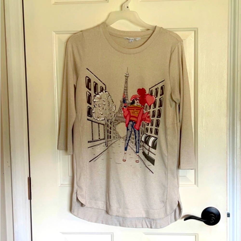 Paris France, Lux Material, Stretch, 3/4 Sleeve, Beige/Tan tone, City Themed,New